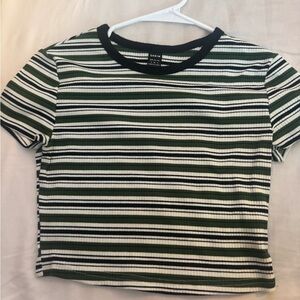 SHEIN Green and White Ribbed Crop T-Shirt